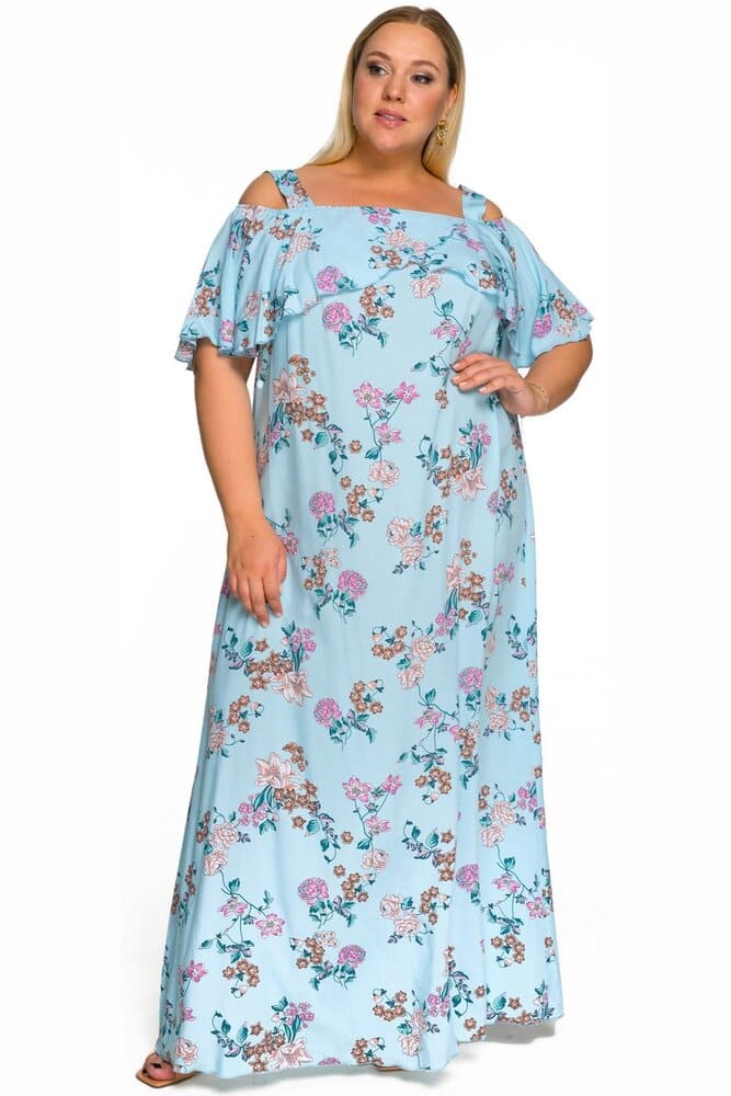 Длинное платье с открытыми плечами, голубое