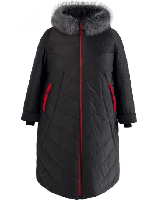 Зимнее пальто с красной отделкой и эко-мехом на капюшоне, черное