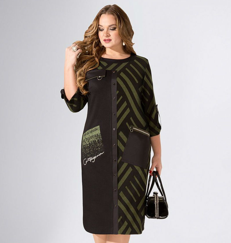 Комбинированное трикотажное платье с накладным карманом, черное с зеленым