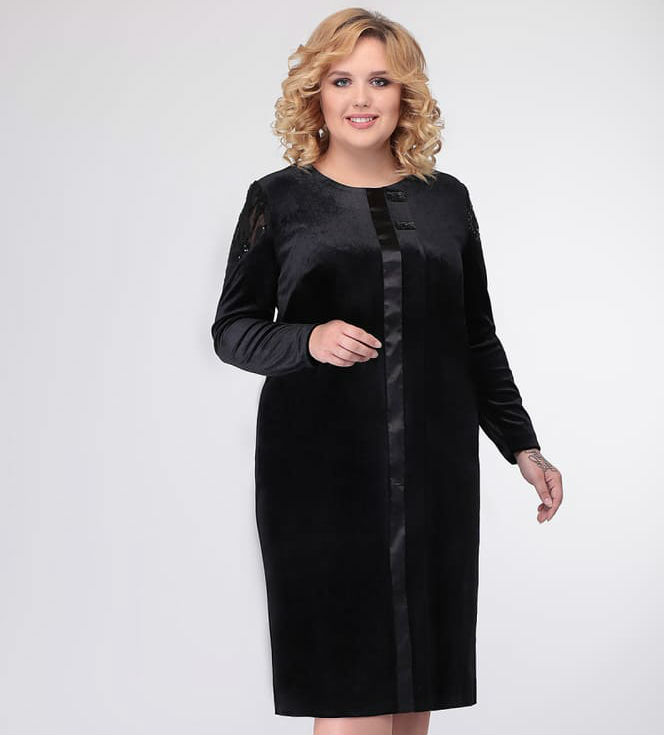 Бархатное платье с атласной полосой и декором на плечах, черное