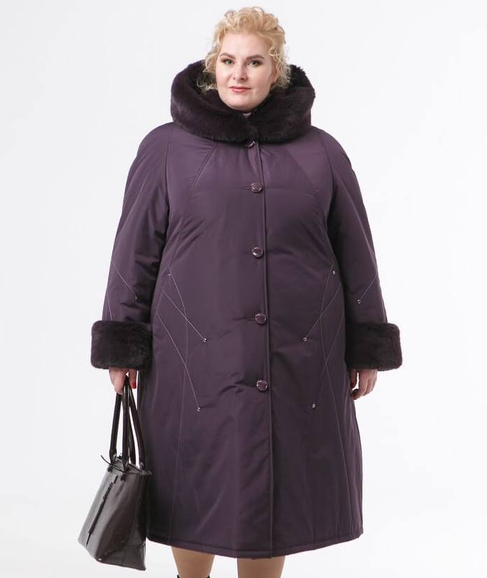 Зимнее пальто с эко-мехом норки и декором, баклажан