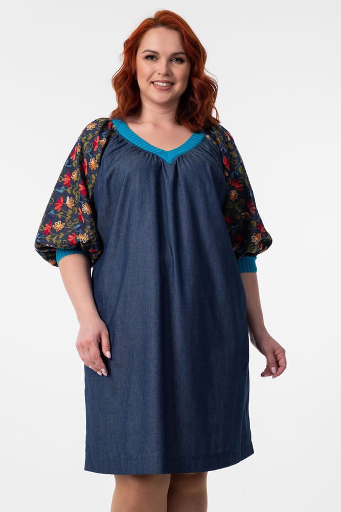 Джинсовое платье с широкими принтованными рукавами, синее