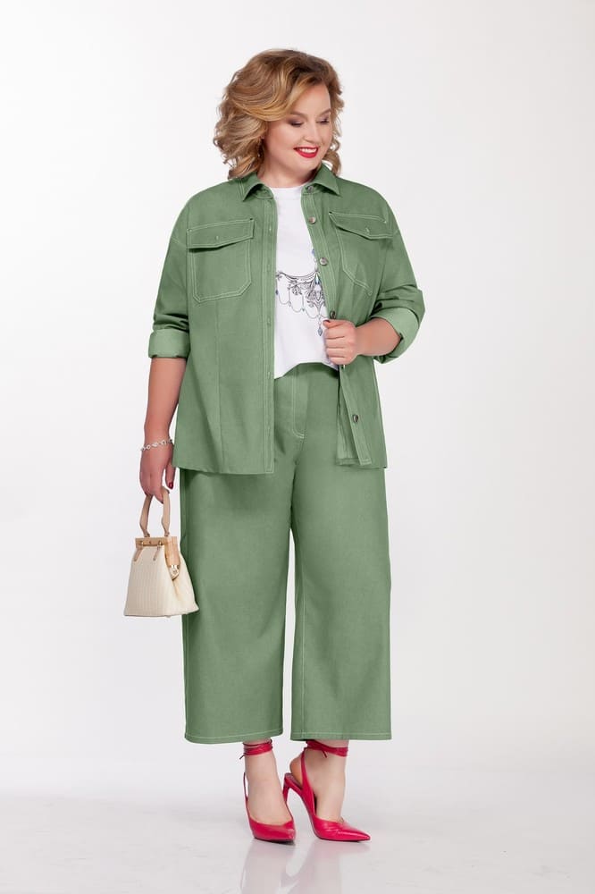Джинсовый комплект из широких брюк и рубашки, зеленый