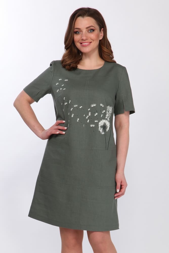 Льняное платье с авторской печатью, хаки