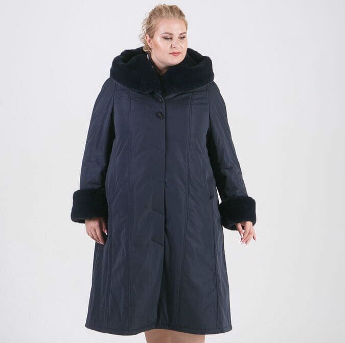 Свободное зимнее пальто с мехом норки, темно-синее