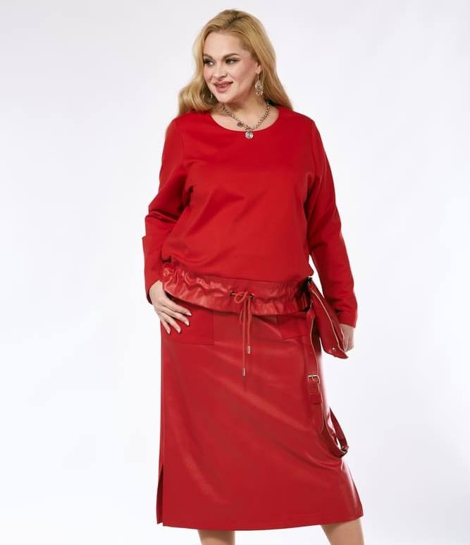 Комбинированный комплект из юбки и джемпера с кулисой, красный