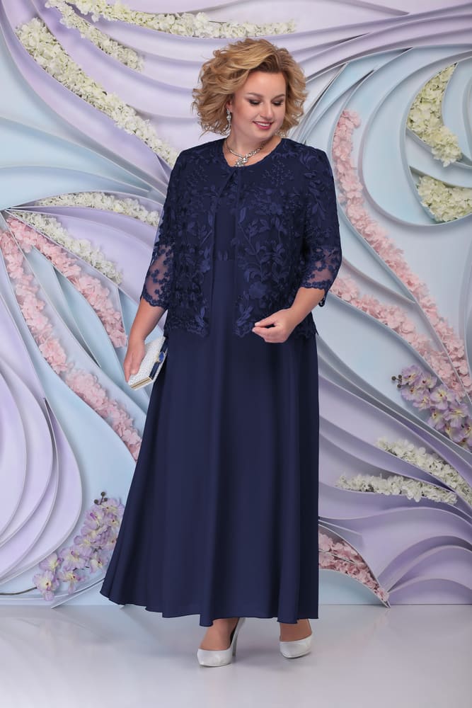 Комплект из длинного платья и кружевной блузки, темно-синий
