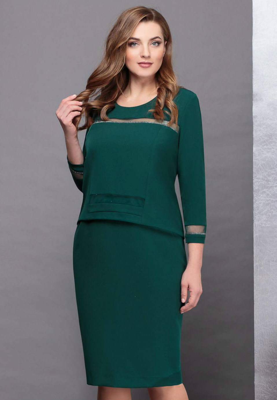 Приталенное платье со вставками из сетки, темно-зеленое