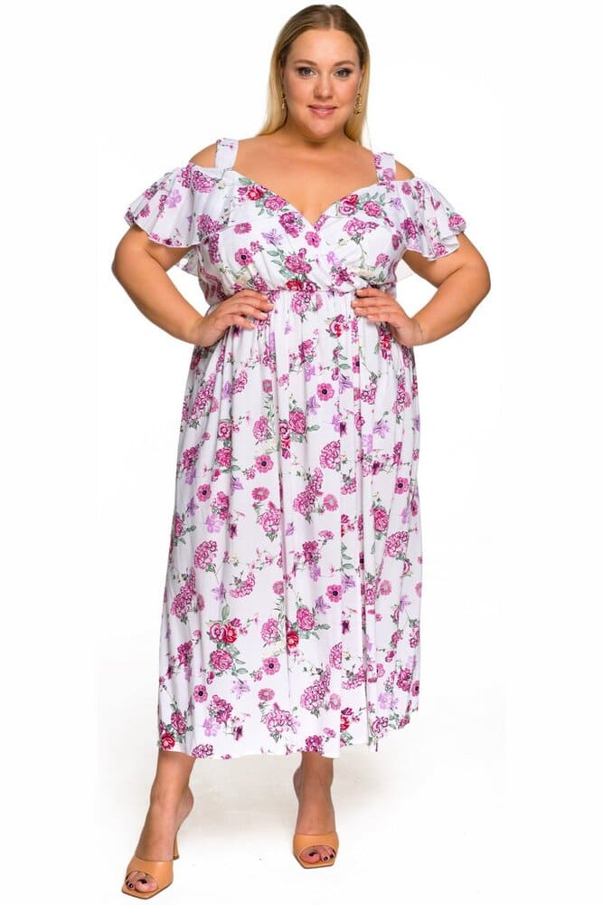 Платье-сарафан с воланом на лифе, розовый сад