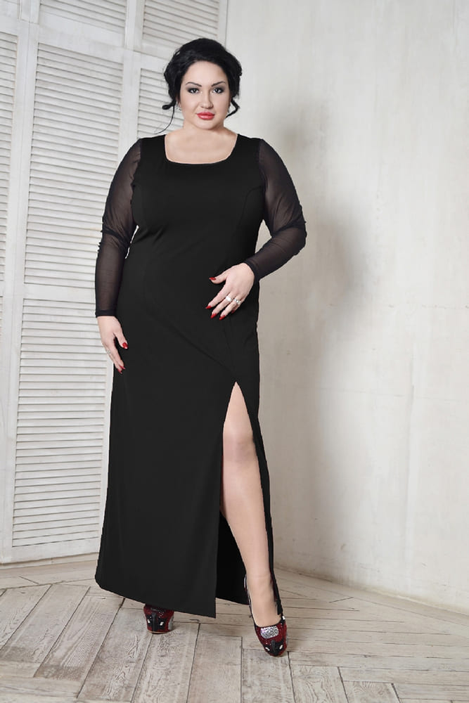Платье с высоким разрезом и рукавом из сетки, черное