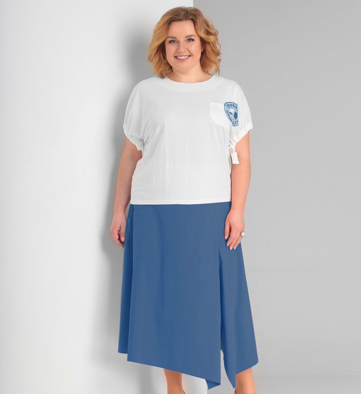 Комплект из асимметричной юбки и свободного блузона, синий