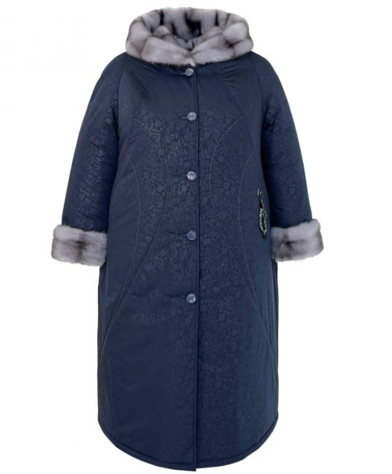 Зимнее пальто с эко-мехом и подвеской на кармане, темно-синее