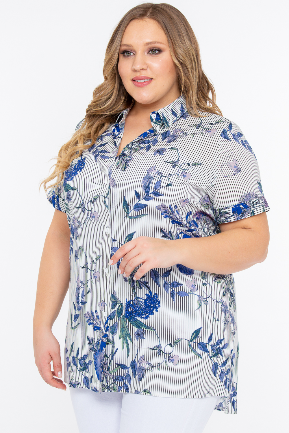 Блузка в полоску с цветочным принтом на пуговицах, синяя