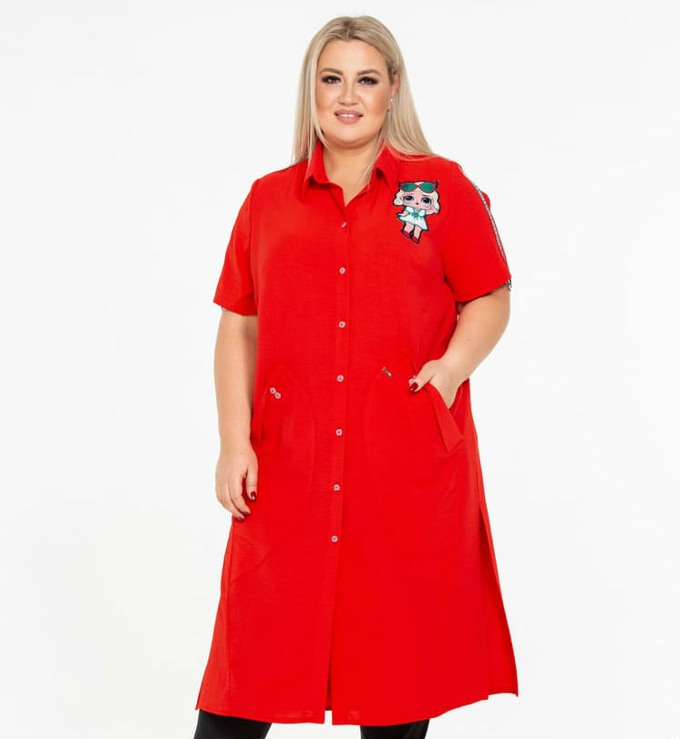 Длинная рубашка с фигурными карманами и декором, красная