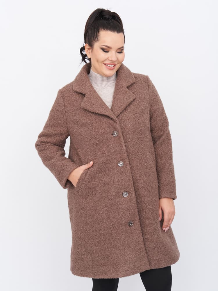 Буклированное пальто с отложным воротником, коричневое