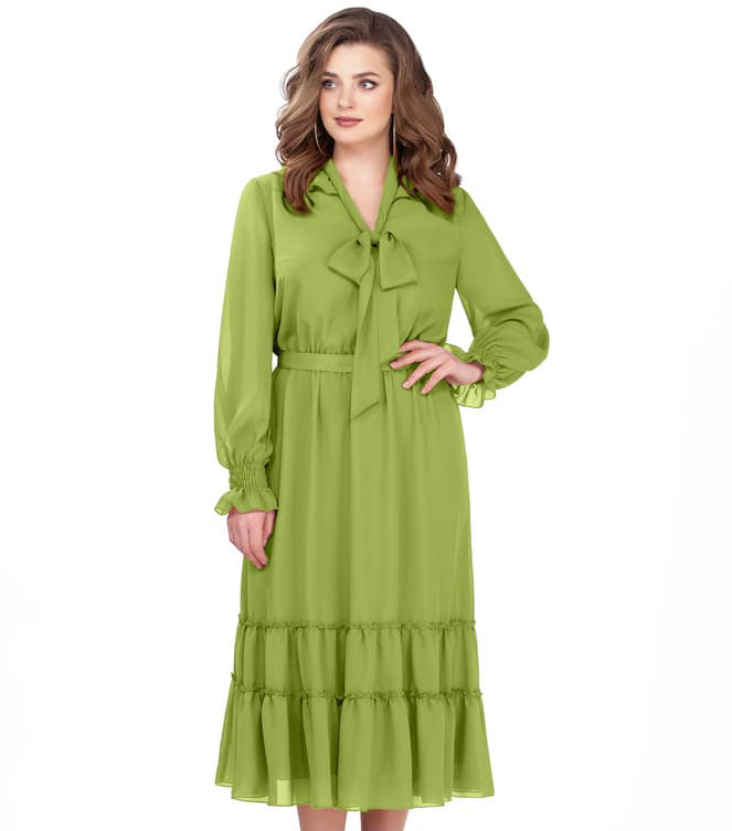 Длинное платье с воротником-бантом, зеленое