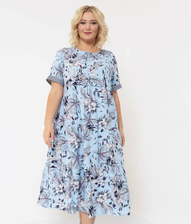 Расклешенное платье с манжетами в полоску, голубое