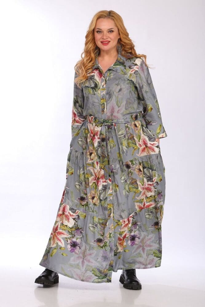 Длинное платье-рубашка с поясом, лилии