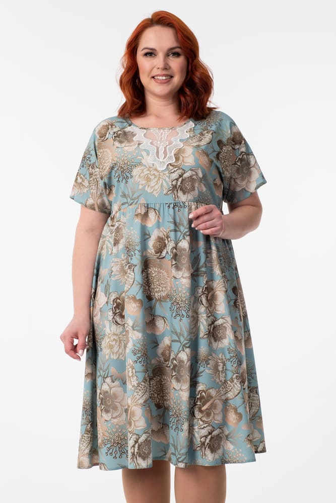 Платье с завышенной талией и кружевной кокеткой, бежево-голубое
