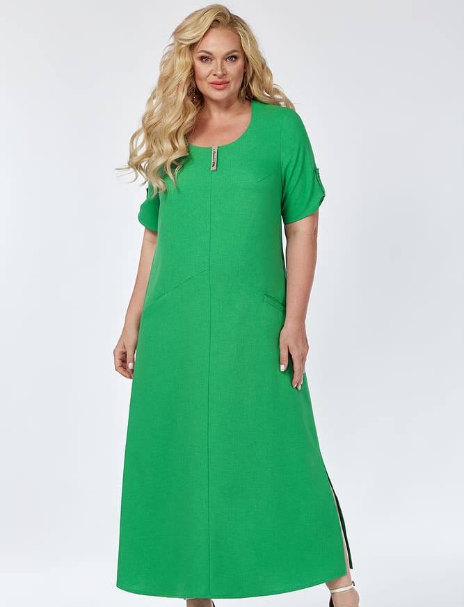 Длинное платье с карманами и патой на рукаве, зелень