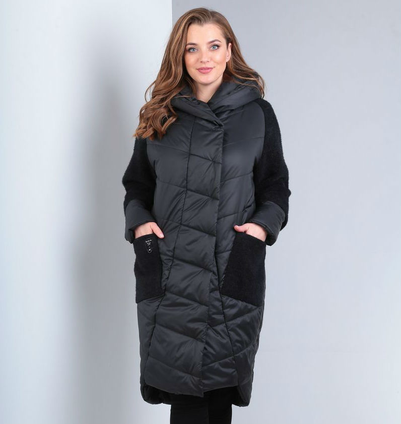Комбинированное пальто с асимметричным низом, черное