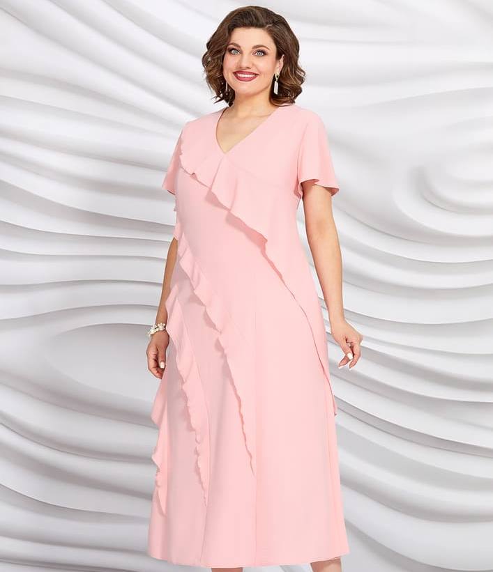 Длинное платье с асимметричными воланами, розовое