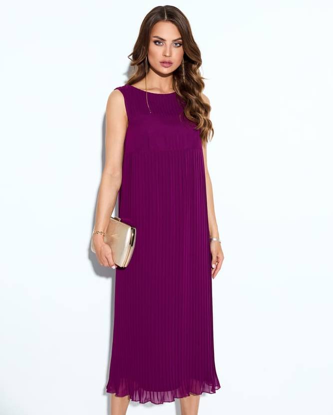 Длинное прямое платье с плиссированным эффектом, фиолетовое