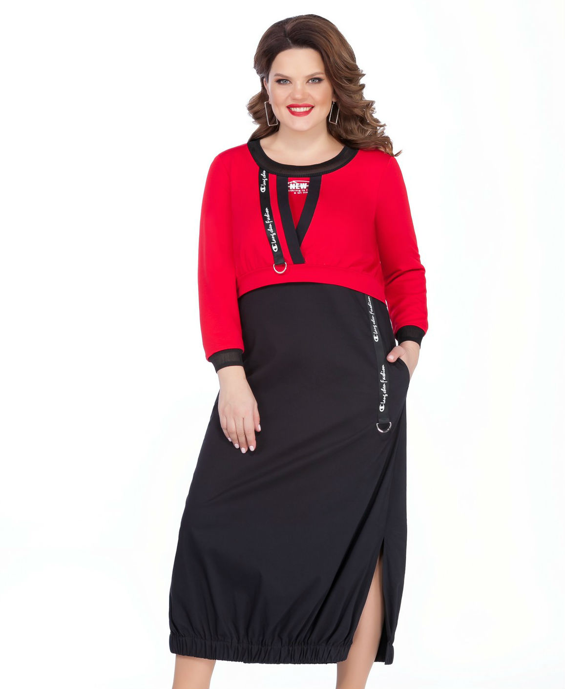 Трикотажное платье в стиле бохо с декором, черное с красным