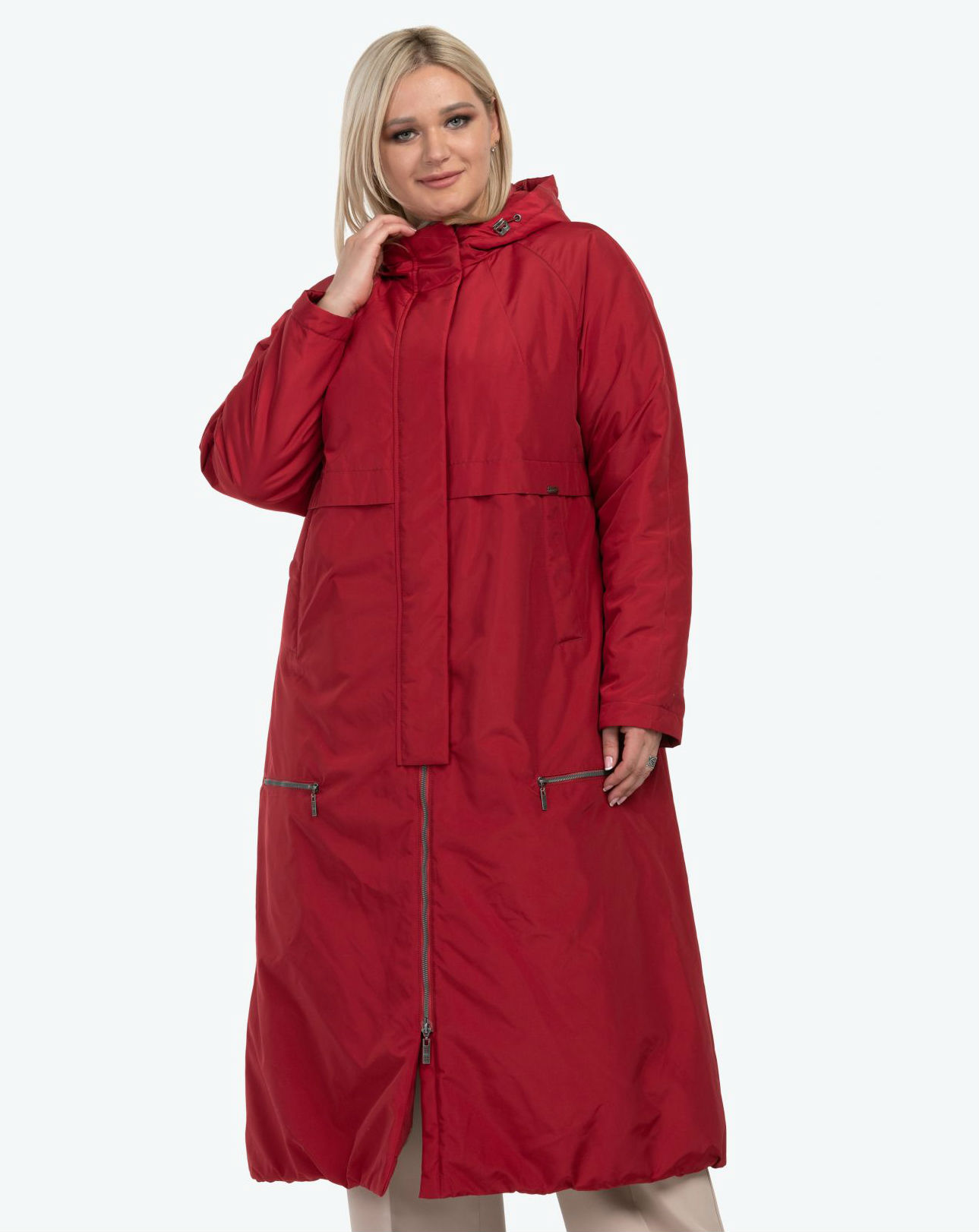 Длинное демисезонное пальто с капюшоном, красное