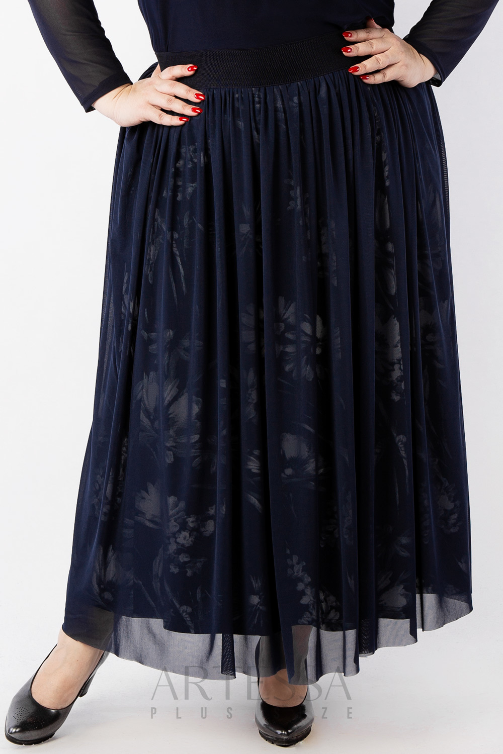 Длинная двухслойная юбка с рисунком, синяя