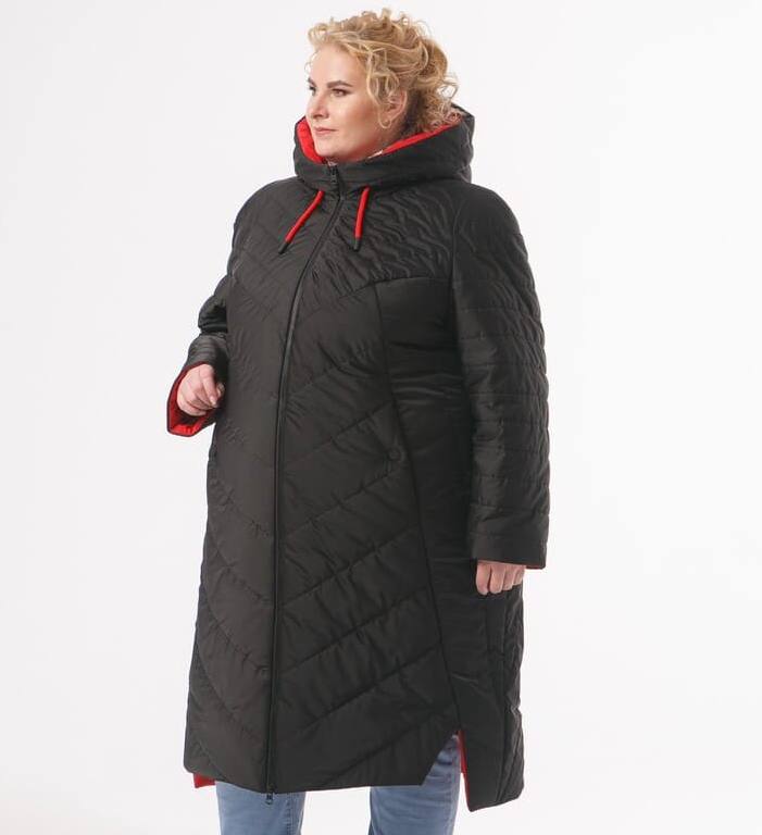 Демисезонное пальто с красной отделкой, черное