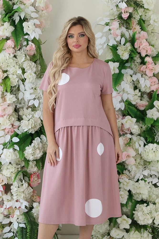 Свободное отрезное платье в крупный горох, розовое