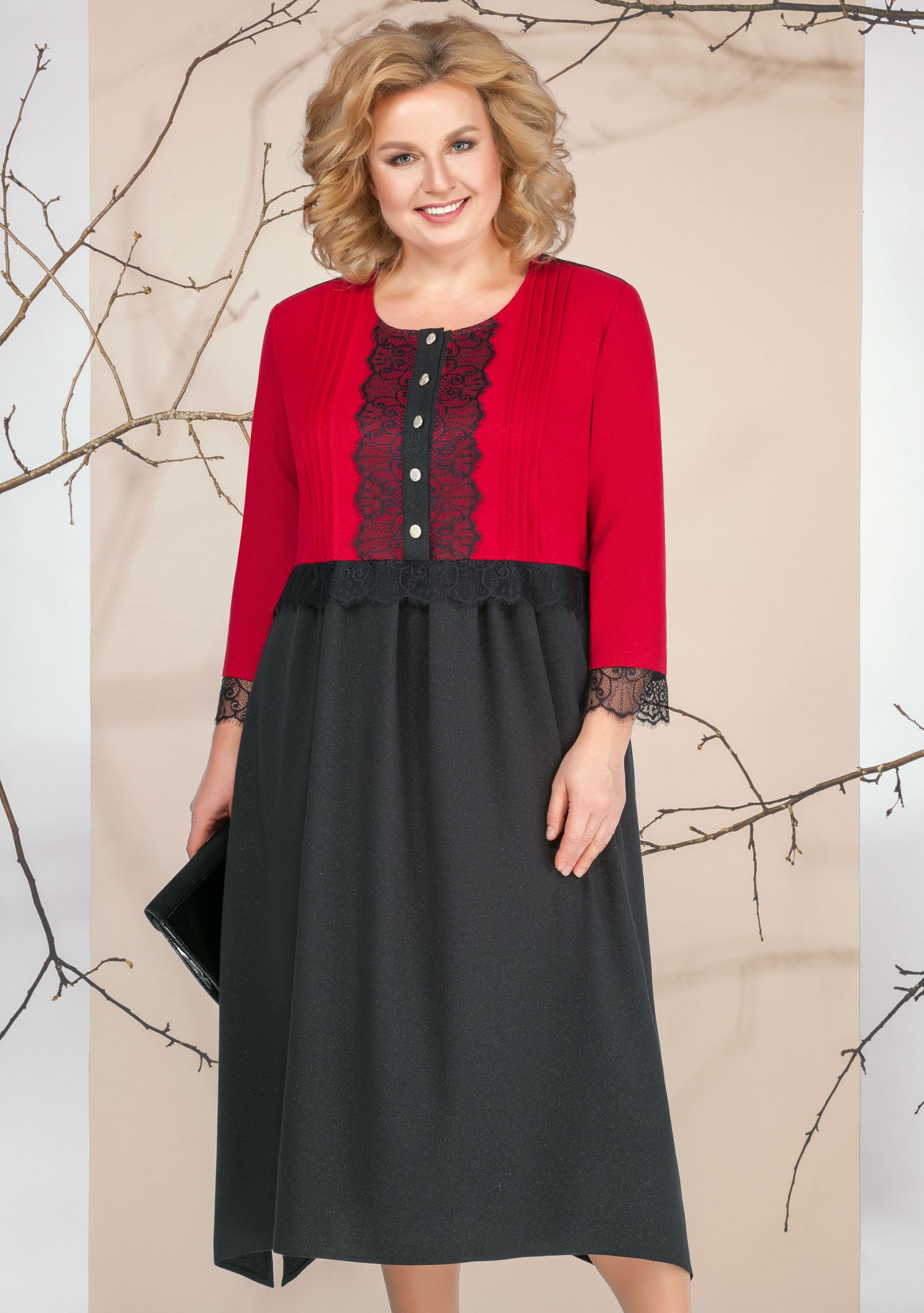 Двухцветное платье с кружевной отделкой, черное с красным