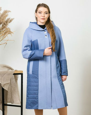 Комбинированное пальто с капюшоном, голубое