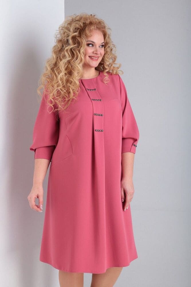Свободное платье с декоративной складкой и тесьмой, розовое