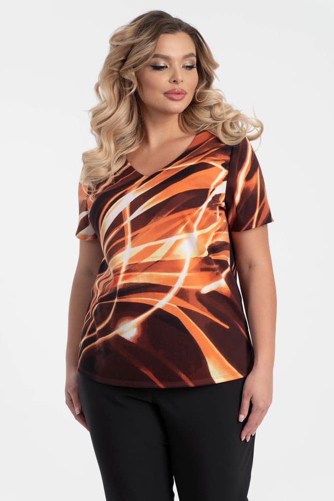 Трикотажная блузка с ярким абстрактным рисунком, коричневая