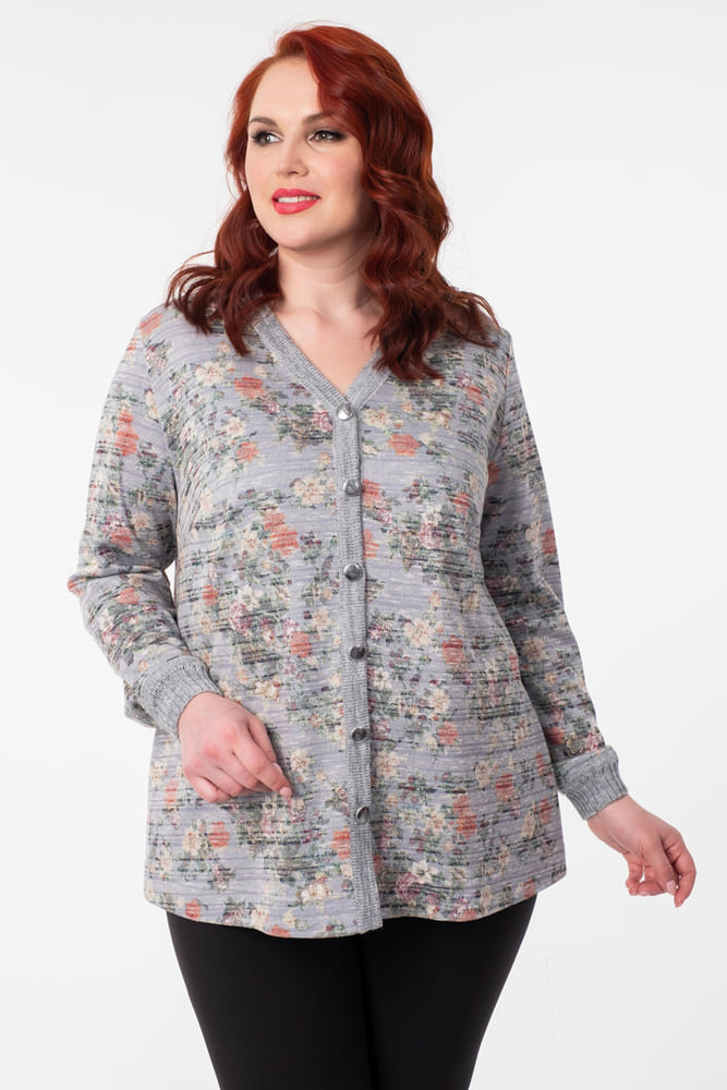 Трикотажная блузка с карманами и рисунком, серая