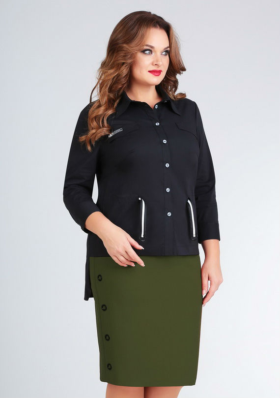 Комплект из юбки и блузки с отложным воротником, черный с зеленым