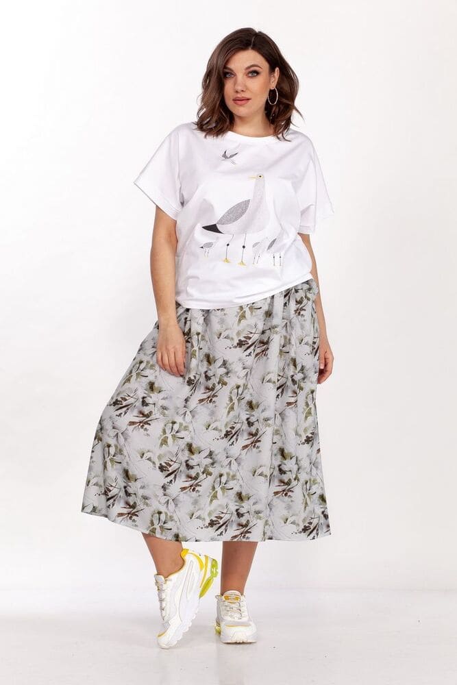 Комплект из длинной юбки и футболки с принтом, белый
