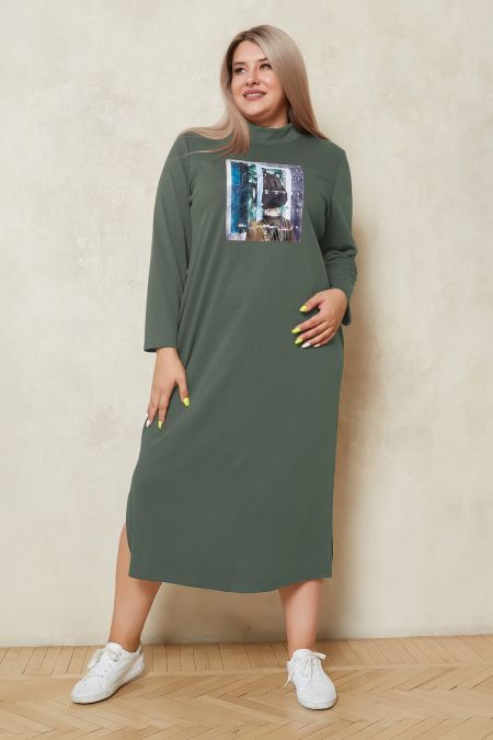 Длинное прямое платье с карманами, зеленое