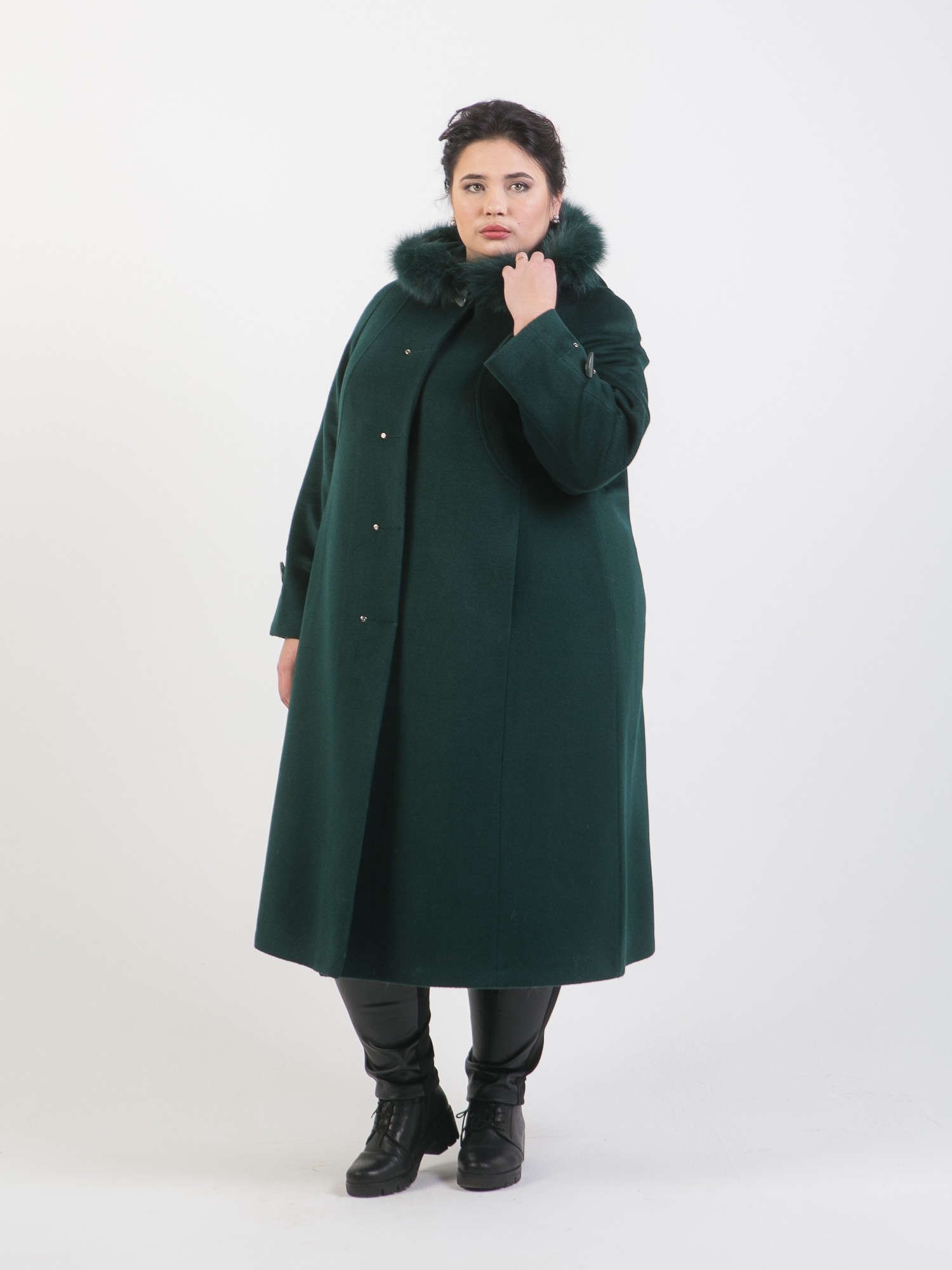 Зимнее пальто из шерстяного драпа с капюшоном, зеленое