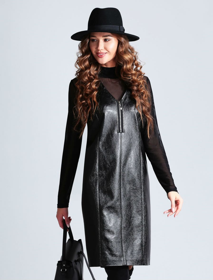 Комплект из кожаного сарафана и полупрозрачной блузки, черный