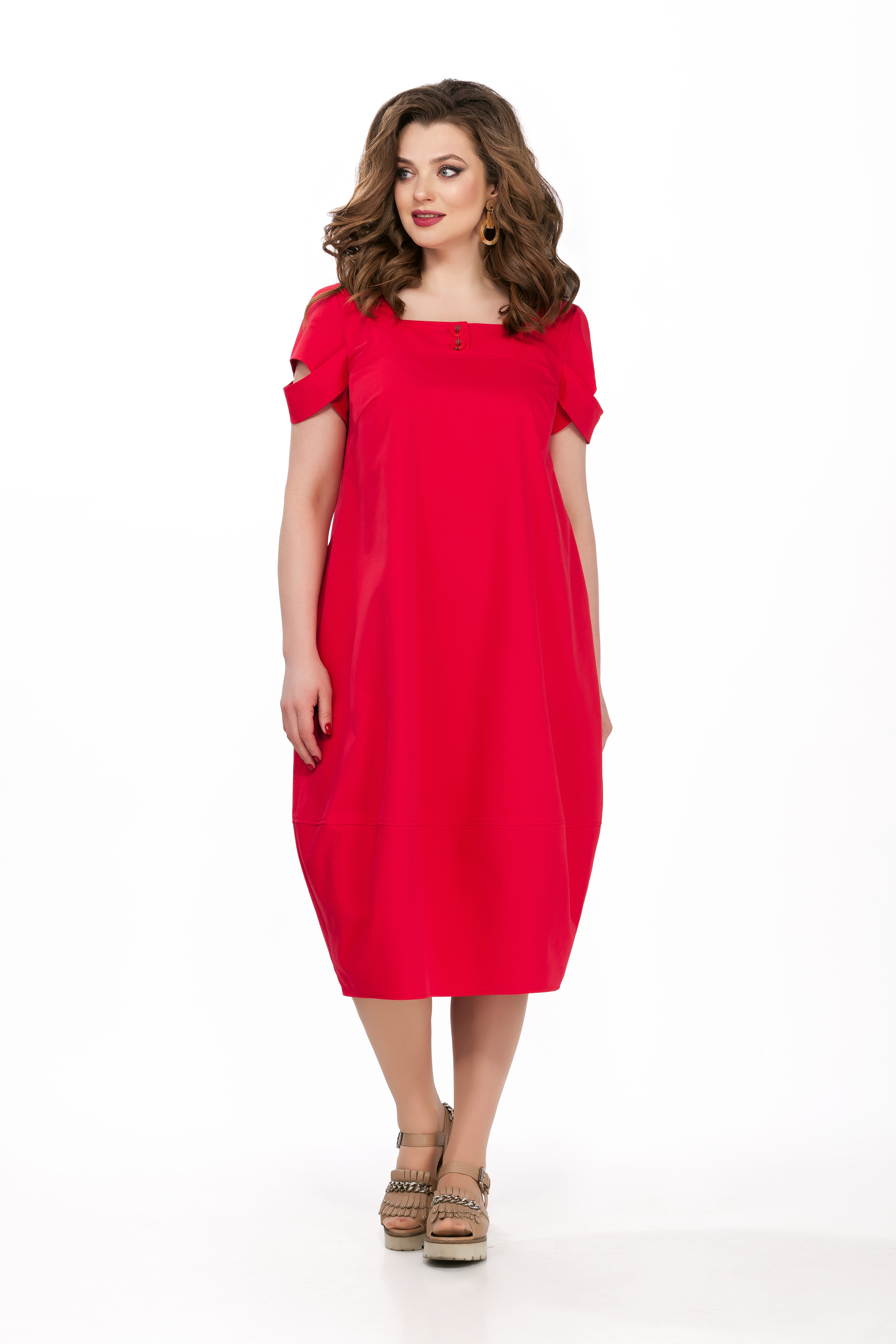 Платье с квадратным вырезом горловины и декором на рукаве, красное