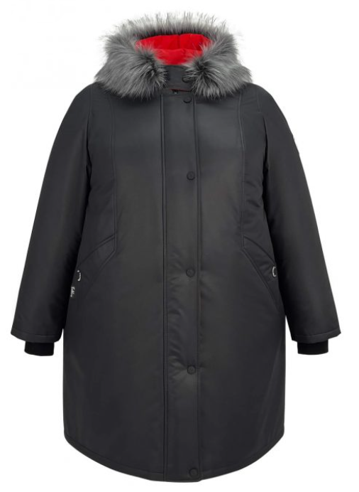 Легкая зимняя куртка с довязами и мехом чернобурки, черная