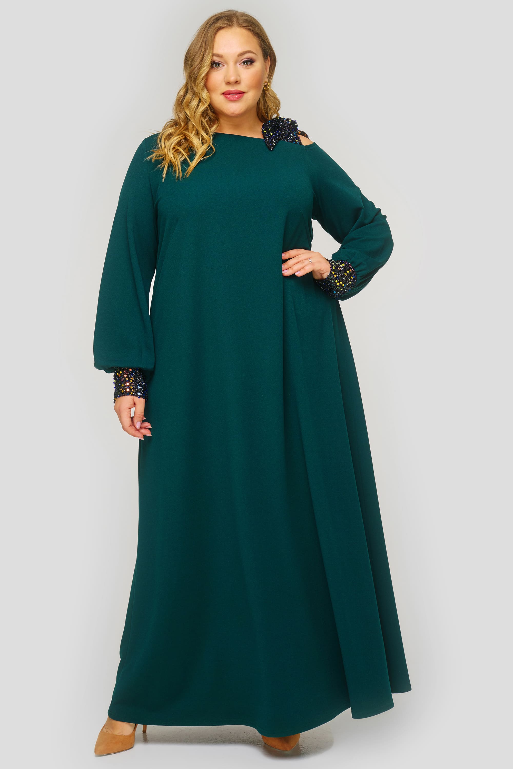 Длинное платье с отделкой цветными пайетками, зеленый