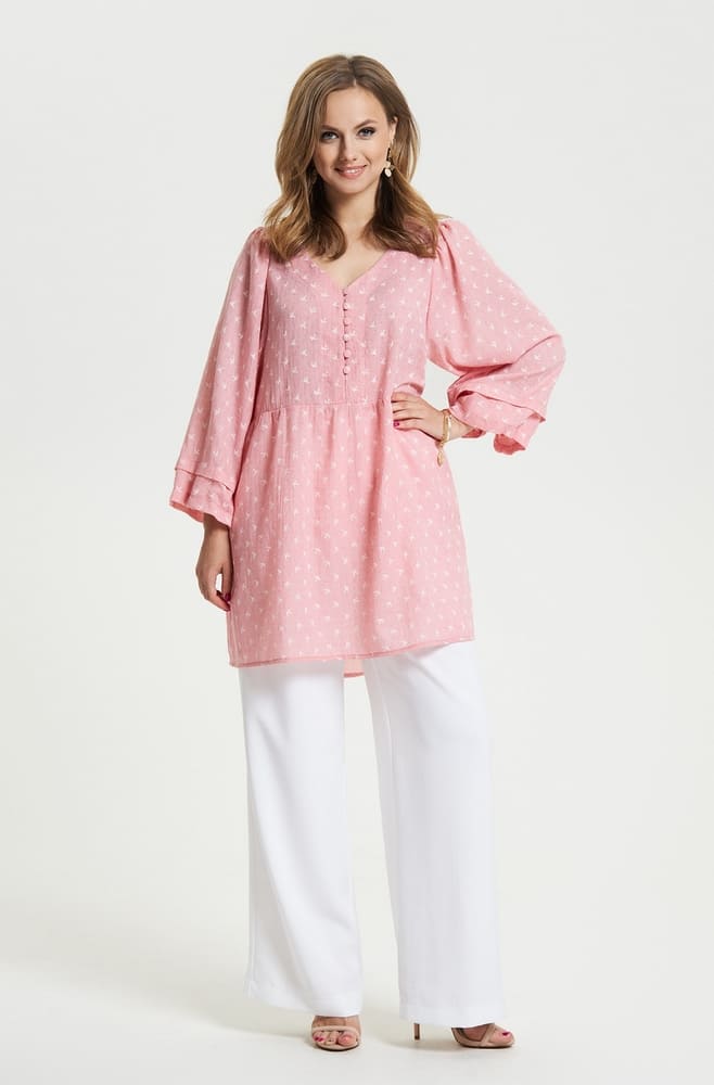Комплект из брюк и блузки с широким рукавом, розовый