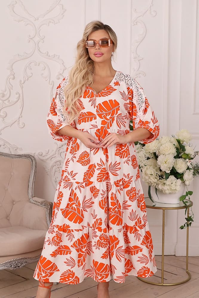 Длинное свободное платье с кружевом на рукаве, оранжевое