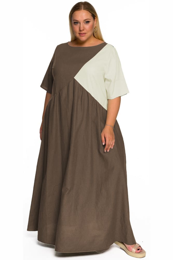Платье в пол с контрастным треугольником, мокко
