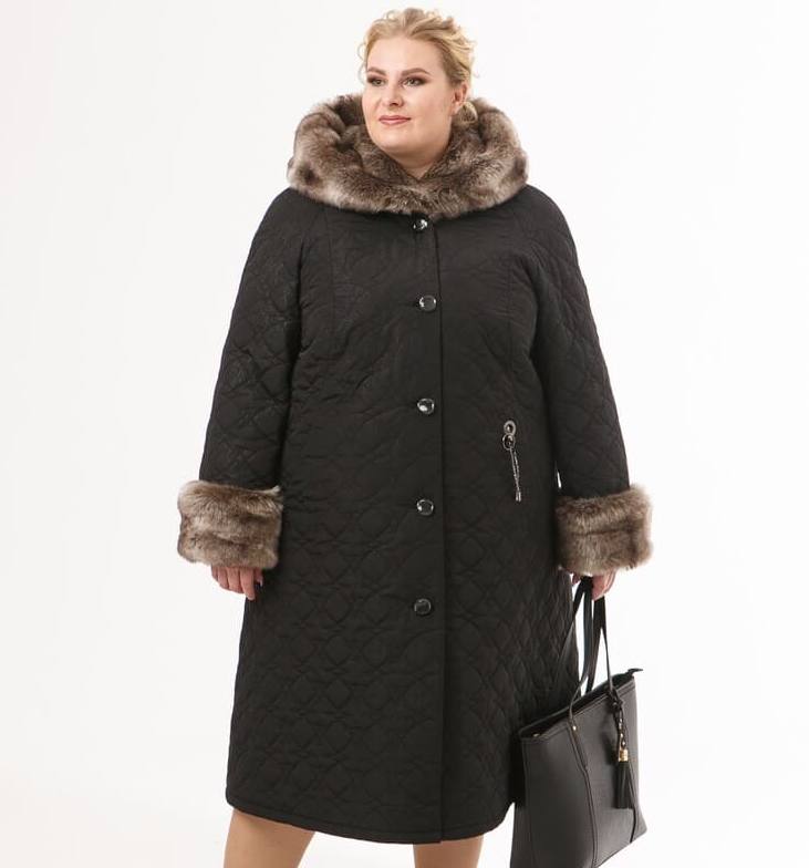 Зимнее стеганое пальто с мехом норки, черное