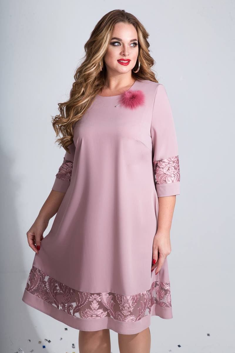 Свободное платье со вставками бархатной вышивки, розовое